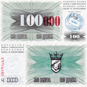 Billete Bosnia y Herzegovina 100000 dinares 1993, anverso y reverso - Mundo Billete